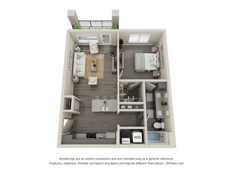 Floor plan for 1 bed, 1 bath, 767 sqft
